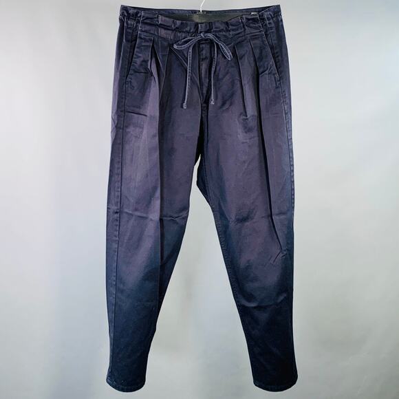 MONITALY Size L Navy Cotton Sateen Pleated Drawstring Casual Pants - Picture 1 of 6